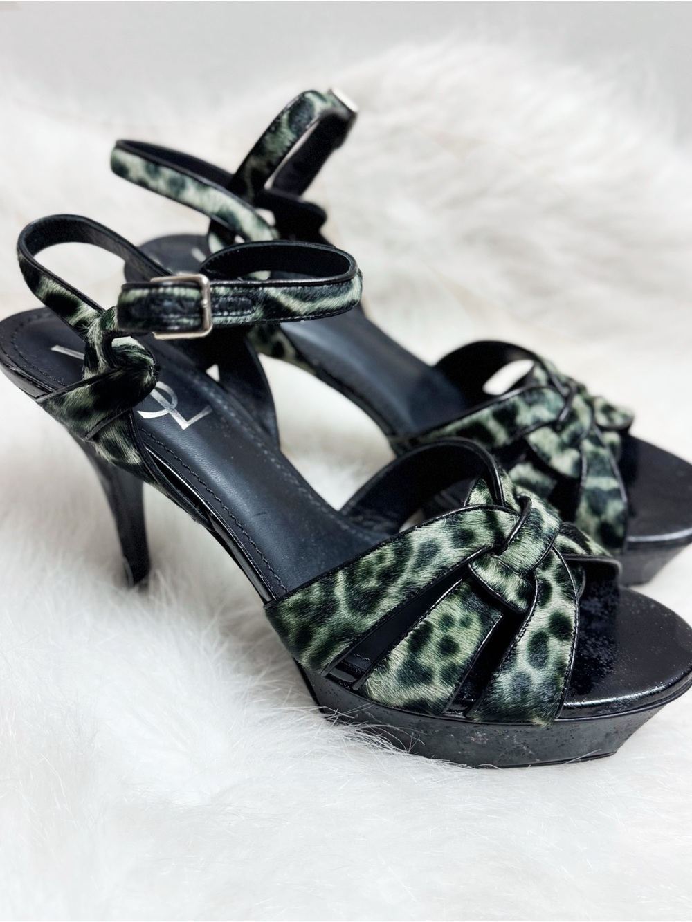 YSL Saint Laurent Tribute Pony Hair Leopard Platform Heels 38.5